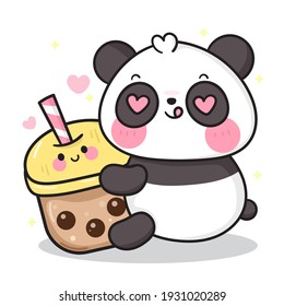 Cute Panda bear drinking coffee tea teddy cartoon: Kawaii animal zoo vector (girly doodle). Illustration vector on isolated white background. Perfect Nursery children, kids, greeting card,baby shower.