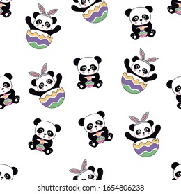 Cute panda bear with easter egg. Vector seamless pattern. Easter background for print on textile or paper.