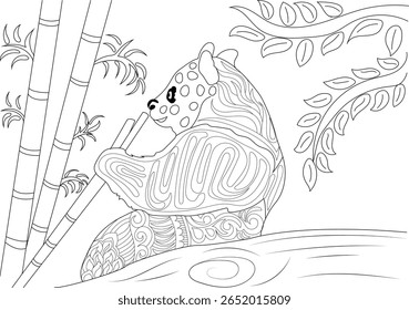 Cute Panda Bear Eating Bamboo Line Art Illustration for Coloring Book Page. Detailed Zentangle Style Black and White Drawing of Giant Panda in Nature, Relaxing Among Bamboo and Leaves.