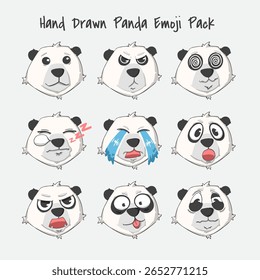 Cute panda bear emoji set with 9 kawaii expressions. Flat colorful vector illustration for stickers, icons, pet designs, and children’s clipart.