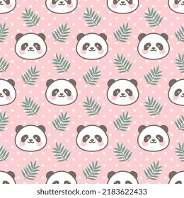 Cara de oso panda con hojas tropicales verdes sobre un fondo ondulado rosa pastel con textura de puntos de polka, diseño de jungla infantil para papel envoltorio, tela e impresión textil