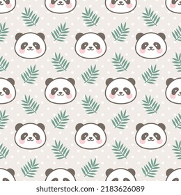 Cara de oso panda con hojas tropicales verdes sobre un fondo beige pastel con textura de puntos de polka, diseño de jungla infantil para envolver papel, tela e impresión textil