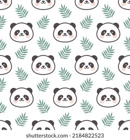 Cute panda bear face with green tropical leaves on a white background, jungle design for wrapping paper, fabric and textile print