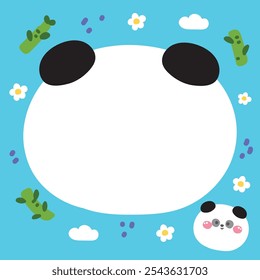 Linda cabeza de cara de oso panda en nota de papel. Plantilla estacionaria. Bambú, nube, flor dibujada a mano. Diseño de dibujos animados de personajes de animales salvajes chinos. Imagen para tarjeta, pegatina, hoja de papel. Kawaii. Vector. Ilustración.