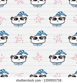 Cute Panda Bear Face with Moon Seamless pattern. Doodle Cartoon Animal Heads Vector Striped Background for Kids Fashion Design