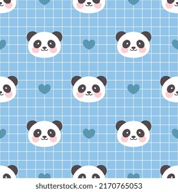 Cara de oso panda lindo en una rejilla azul fondo de patrón sin fisuras con corazones kawaii, niños animales de bosque diseño para envolver papel, tela y textil