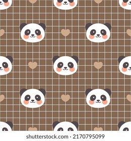 Cute panda bear face on a brown grid seamless pattern background with kawaii hearts, kids woodland animals design for wrapping paper, fabric and textile
