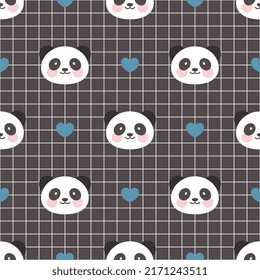 Cute panda bear face on a black grid seamless pattern background with kawaii blue hearts, kids woodland animals design for wrapping paper, fabric and textile
