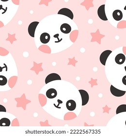 cara de oso panda lindo con estrellas y puntos rosados, fondo de patrón sin costura para niños, diseño vectorial de colores pastel para papel envoltorio, tela e impresión textil.