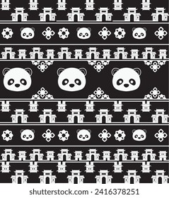 Cute Panda Bear Face Traditional Pattern Vector