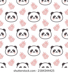 Cara de oso panda con hojas tropicales sobre fondo blanco, diseño de jungla rosa para papel envoltorio, tela e impresión textil