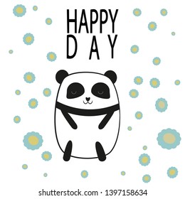 Cute panda bear with flowers and text: Happy Day. 