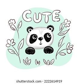 Oso Panda con flores y texto, dibujos vectoriales para niños o diseño de camisetas para bebés. Gráfica de impresión de moda
