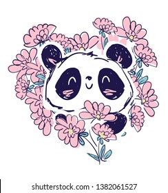 Cute Panda Bear with flowers, vector illustration. Animal. 