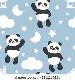 Fliegender Panda-Bär am blauen Himmel mit Sternen und Wolken am Mond. Happy asiatischer Bär mit kawaii Gesicht nahtlose Muster für Kinder. Umhüllungspapier, Stoff und Babydesign aus Spinnstoffen.
