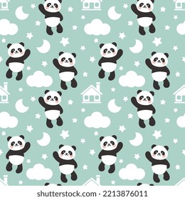 Cute panda bear flying in the blue sky with stars and clouds with moon. Happy asian bear with kawaii face seamless pattern for kids. Wrapping paper, fabric and textile baby design.