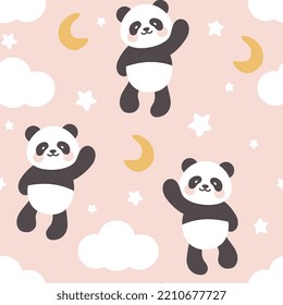 Cute panda bear flying in the pink sky with stars and clouds with moon. Happy asian bear with kawaii face seamless pattern for kids. Wrapping paper, fabric and textile baby design.