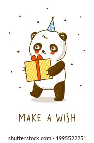 Cute panda bear with gift isolated on white - cartoon character for Birrthday design