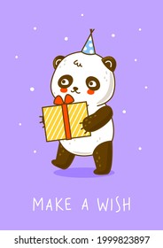 Oso lindo panda con regalo sobre fondo morado - personaje de caricatura para diseño cumpleaños