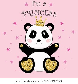 Cute panda bear girl with crown. Im a princess. Vector illustration cartoon style. 