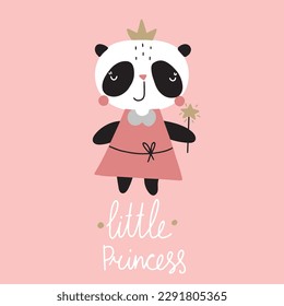 Cute panda bear girl with crown. Little sweet princess. Vector illustration