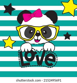 Cute panda bear with glasses. Love card with panda bear.