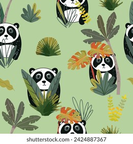 Cute panda bear in greenery forest seamless pattern