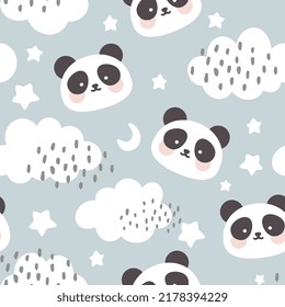 Un bonito panda con cara alegre, nubes y estrellas en el cielo sobre un fondo gris azul pastel. Animales de Kawaii niños diseño de estampado sin fisuras, tejidos y textiles