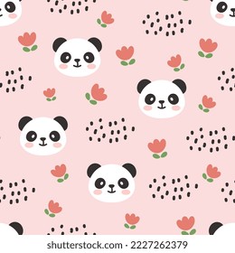 El dulce oso panda cara feliz con nubes de boho disfrazadas y flores rojas en un fondo rosado. Animales de Kawaii niños diseño de estampado sin fisuras, tejidos y textiles