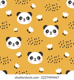 Cute panda bear happy face with dashed boho clouds and white flowers on a warm orange monotone background. Kawaii animals kids seamless pattern, fabric and textile print design