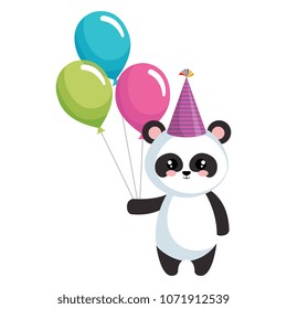 cute panda bear with hat and balloons party