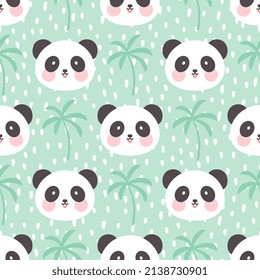 cute panda bear head on a pastel green dashed background, kids scandinavian style zoo animals seamless pattern, kawaii tropical nursery print for children, colorful wrapping paper, fabric and textile