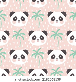 cute panda bear head on a pastel pink dashed background, kids scandinavian style zoo animals seamless pattern, kawaii tropical nursery print for children, colorful wrapping paper, fabric and textile