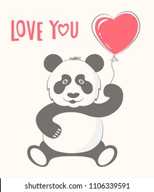 Cute Panda bear with heart balloon cartoon hand drawn vector illustration. For t-shirt print, simple style card, poster, kids wear fashion design.