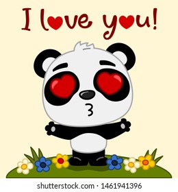 Cute Panda bear with hearts in his eyes and text I love you - Valentine's card