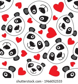 Cute panda bear and hearts seamless pattern. Childish cartoon design for textile, paper, print, fabric and more. Vector illustration.