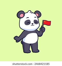 Cute panda bear holding chinese flag vector cartoon illustration