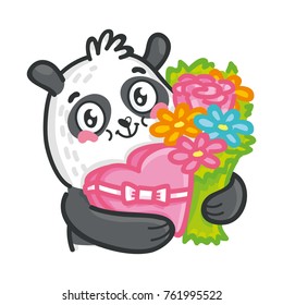 Cute Panda Bear: holding flowers and candy as gift, present, happy, shy emotions. Set of characters in vector hand drawn style, doodle cartoon illustration. As logo, mascot, sticker, emoji