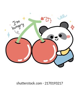 Cute panda bear hug cherry cartoon on white background.Chinese animal character design.I'm hungry text.Kawaii.Vector.Illustration.