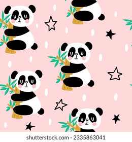 cute panda bear hugging bamboo on a pink background, fabric and textile scandinavian style seamless pattern with black stars and white dots