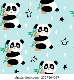cute panda bear hugging bamboo on a pastel blue background, fabric and textile scandinavian style seamless pattern with black stars and white dots