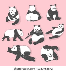 Cute Panda bear illustrations, collection of vector hand drawn elements, black and white icons