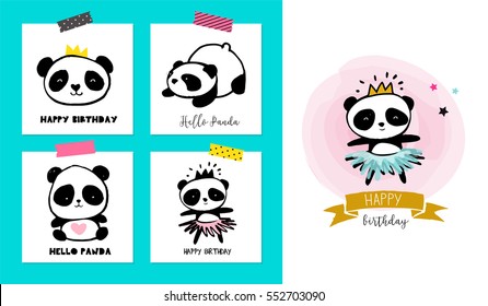 Cute Panda bear illustrations, collection of colorful simple style cards, posters