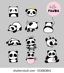 Cute Panda Bärentillustrationen, Sammlung handgezeichneter Vektorelemente, Schwarzweiß-Symbole