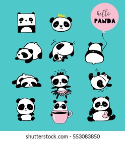 Cute Panda bear illustrations, collection of vector hand drawn elements, black and white icons