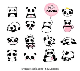Iconos de oso de Panda, colección de elementos dibujados a mano vectorial, iconos en blanco y negro
