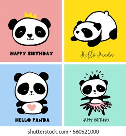 Cute Panda bear illustrations, collection of colorful simple style cards, posters