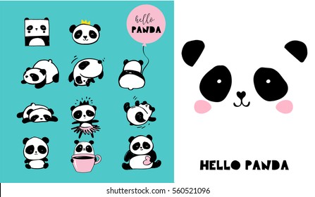 Cute Panda Bear Illustrations, Collection Of Vector Hand Drawn Elements, Black And White Icons