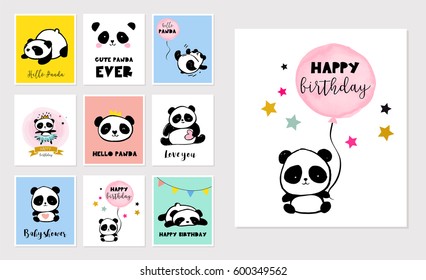 Cute Panda bear illustrations, collection of colorful simple style birthday greeting cards, posters