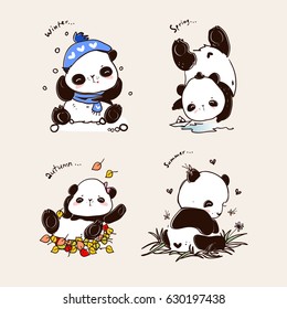 Cute Panda bear illustrations, collection of vector hand drawn elements
